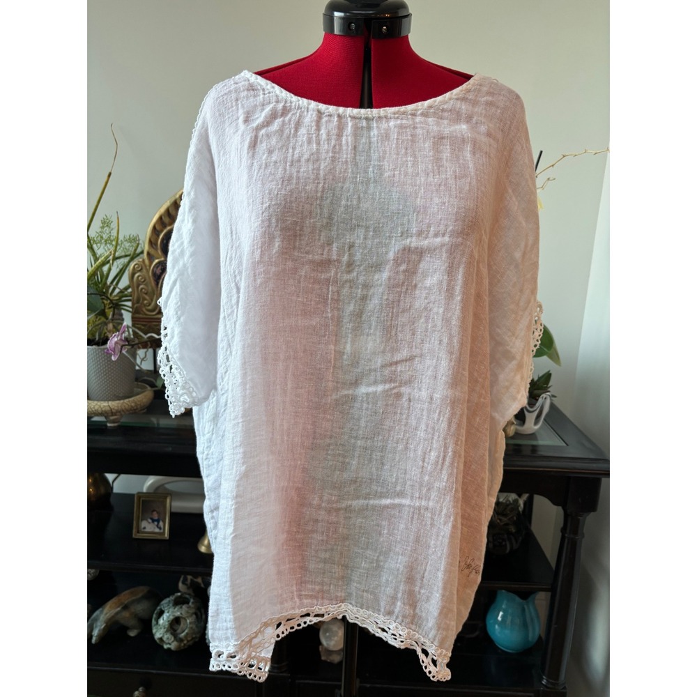 Atelierโ Bleifrei linen blouse women OS white crochet lace trim made in Italy